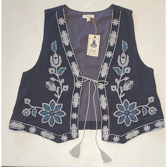 Easel Jackets & Blazers - Easel Los Angeles Embroidered Boho Vest Women’s L Blue Gray Floral Tassel NWOT